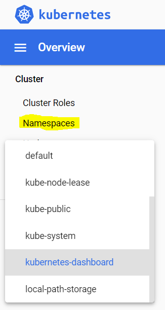 k8s dashboard namespaces